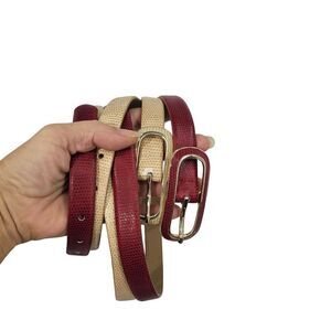 Womens Vintage 80s Leather Belt M 2pc Red Cream Skinny Cincher Snake Oval Buckle
